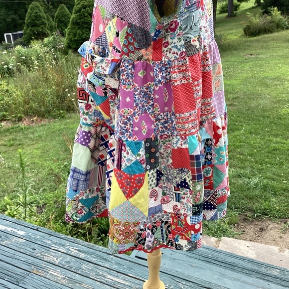 Upcycled vintage crazy patchwork quilt babydoll mid length lined dress Med to XL - Picture 9 of 16